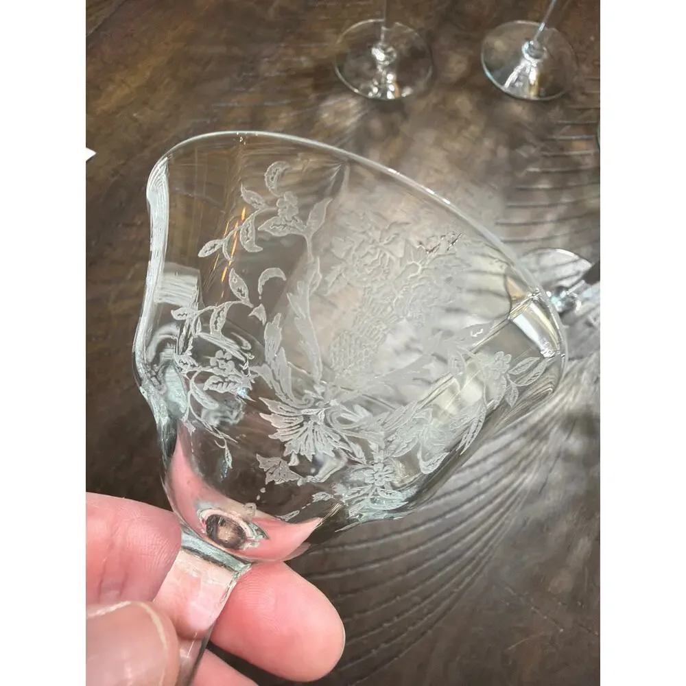 Vintage Etched Champagne Coupe Glasses Set of 7 Floral Wheat Stemware 5.75